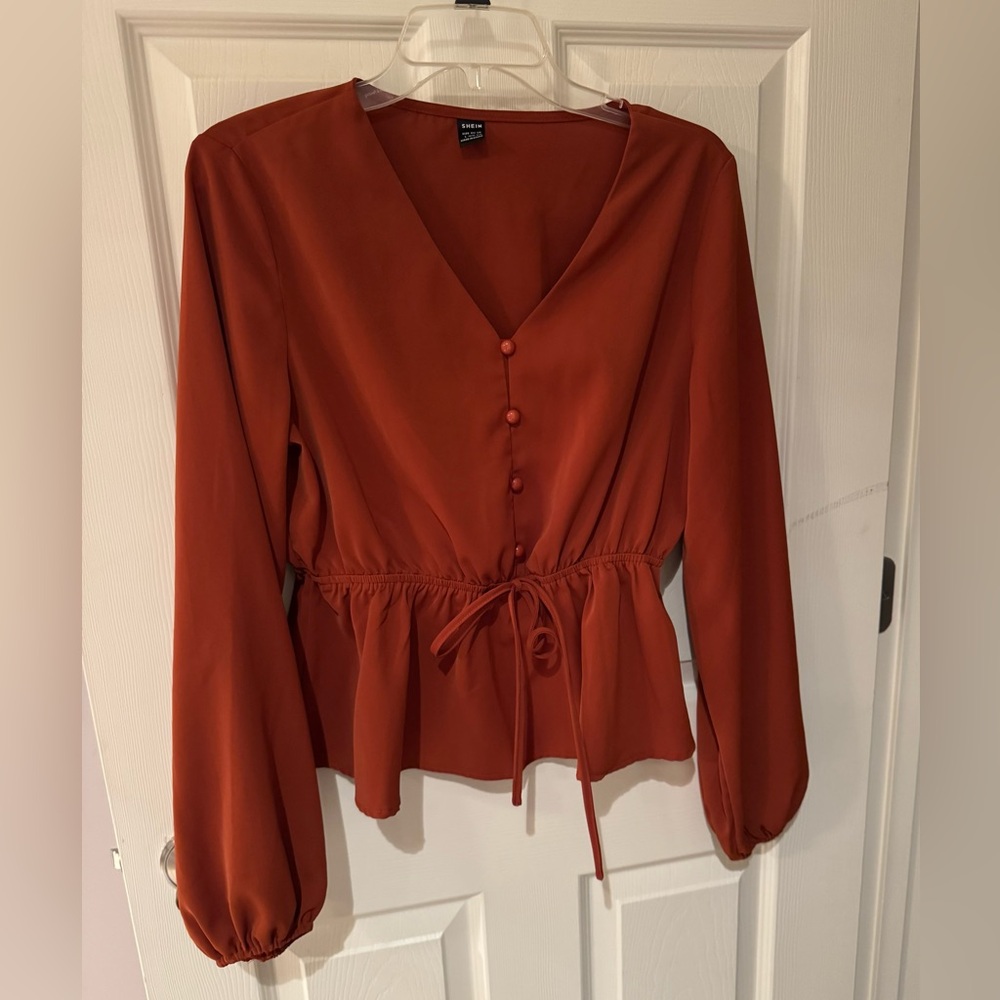 SHEIN Rust Button-Up Blouse with Waist Tie